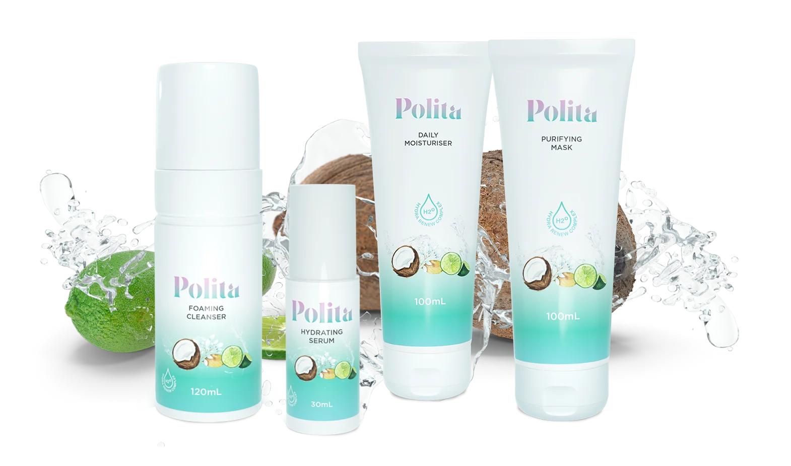 Polita Skincare Foaming Cleanser, Daily Moisturiser, Hydrating Serum and Purifying Mask. Has coconuts and lime in the background.